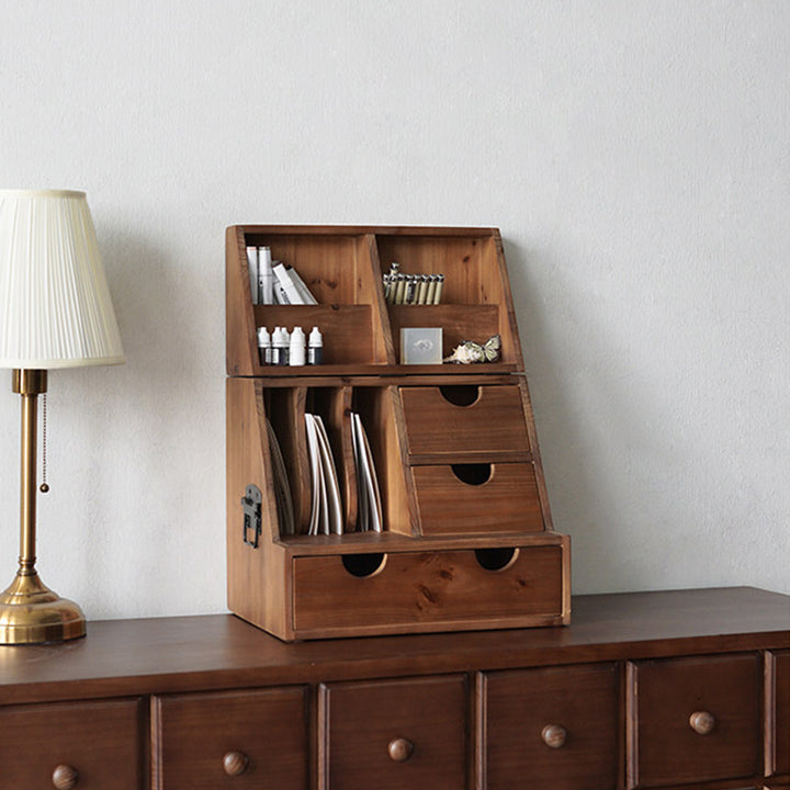Estantería de almacenamiento de escritorio rectangular plegable de madera de cedro y contrachapado, estilo retro contemporáneo, con 4 cajones, para salón y dormitorio 