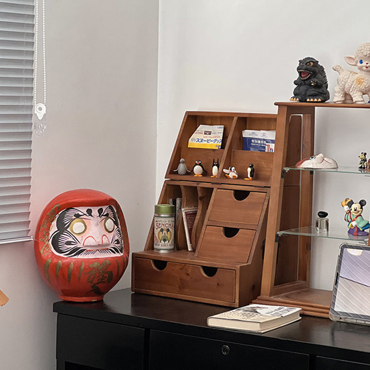 Estantería de almacenamiento de escritorio rectangular plegable de madera de cedro y contrachapado, estilo retro contemporáneo, con 4 cajones, para salón y dormitorio 