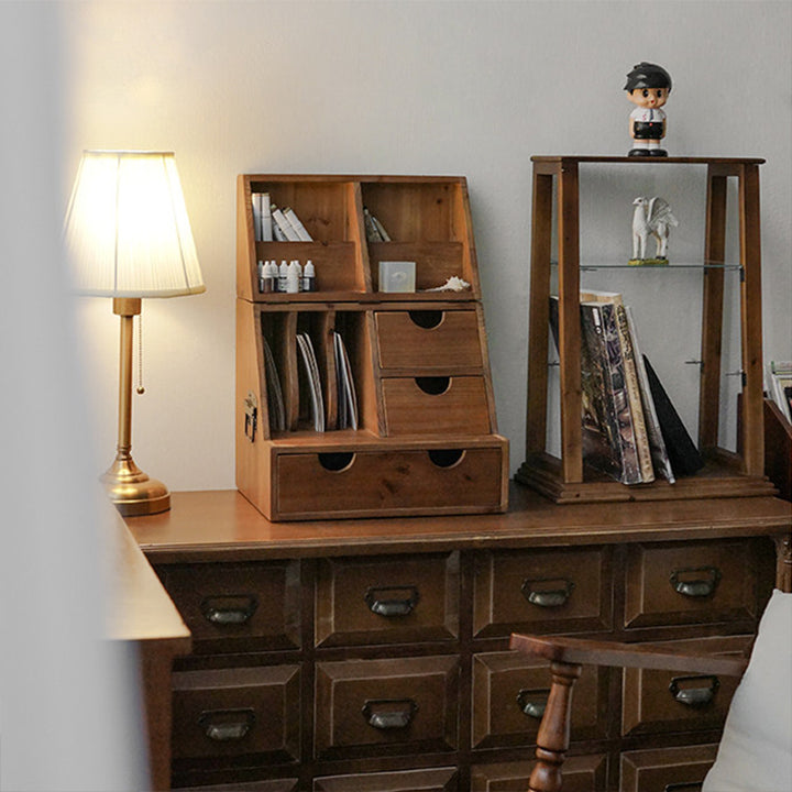 Estantería de almacenamiento de escritorio rectangular plegable de madera de cedro y contrachapado, estilo retro contemporáneo, con 4 cajones, para salón y dormitorio 