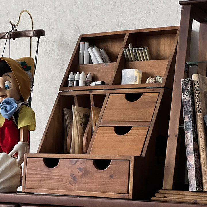 Estantería de almacenamiento de escritorio rectangular plegable de madera de cedro y contrachapado, estilo retro contemporáneo, con 4 cajones, para salón y dormitorio 