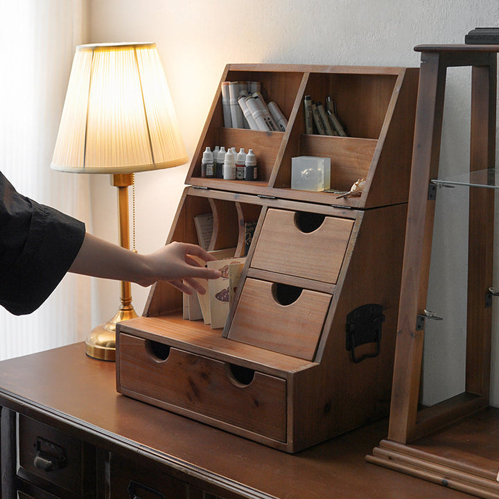 Estantería de almacenamiento de escritorio rectangular plegable de madera de cedro y contrachapado, estilo retro contemporáneo, con 4 cajones, para salón y dormitorio 
