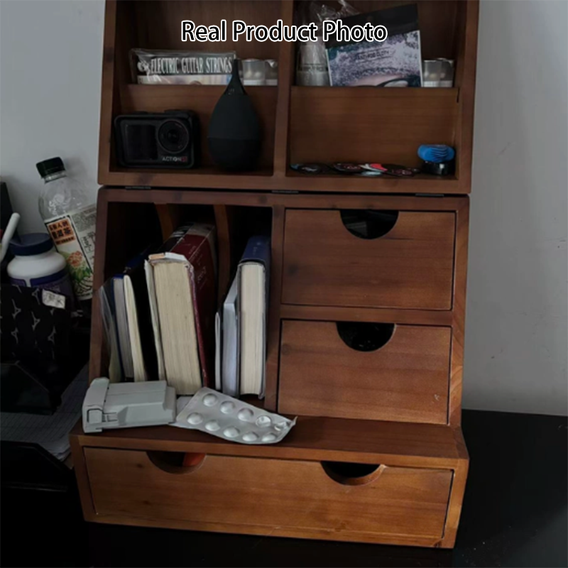 Estantería de almacenamiento de escritorio rectangular plegable de madera de cedro y contrachapado, estilo retro contemporáneo, con 4 cajones, para salón y dormitorio 