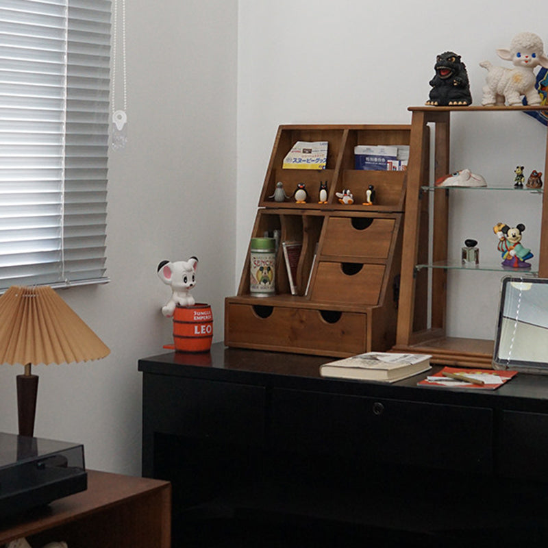 Estantería de almacenamiento de escritorio rectangular plegable de madera de cedro y contrachapado, estilo retro contemporáneo, con 4 cajones, para salón y dormitorio 