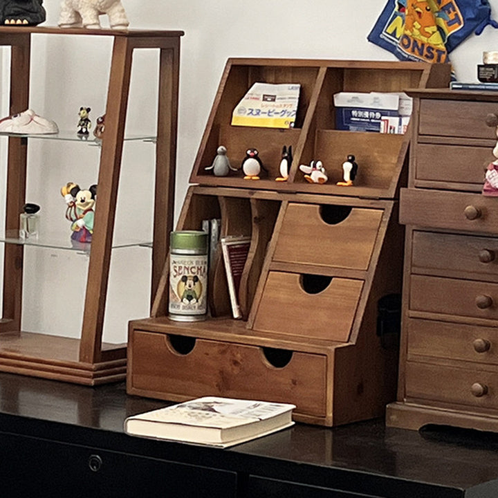 Estantería de almacenamiento de escritorio rectangular plegable de madera de cedro y contrachapado, estilo retro contemporáneo, con 4 cajones, para salón y dormitorio 