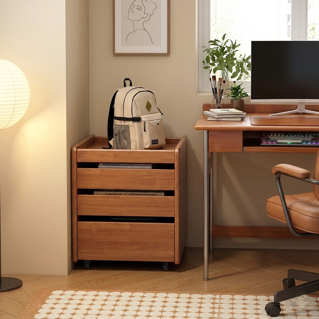 Contemporary Nordic Pine Wood Rubberwood Plywood Square Movable Storage Cabinet 3-Drawer For Bedroom &amp; Living Room
