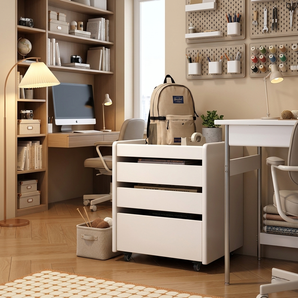 Contemporary Nordic Pine Wood Rubberwood Plywood Square Movable Storage Cabinet 3-Drawer For Bedroom &amp; Living Room