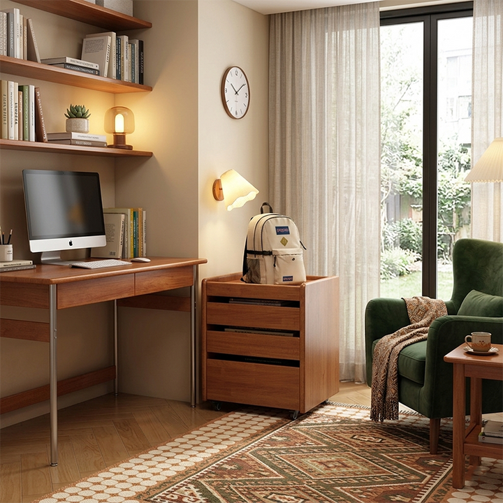 Contemporary Nordic Pine Wood Rubberwood Plywood Square Movable Storage Cabinet 3-Drawer For Bedroom &amp; Living Room