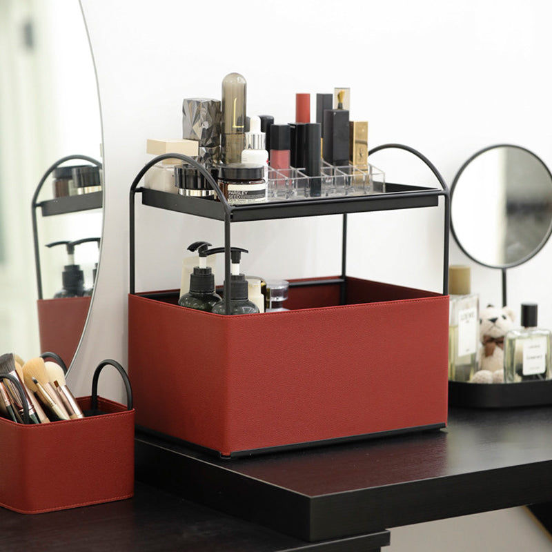 Contemporary Nordic PU Leather Iron Rectangular Desktop Storage Shelf 2-Tier Makeup Organizer Box Skincare For Living Room &amp; Bedroom