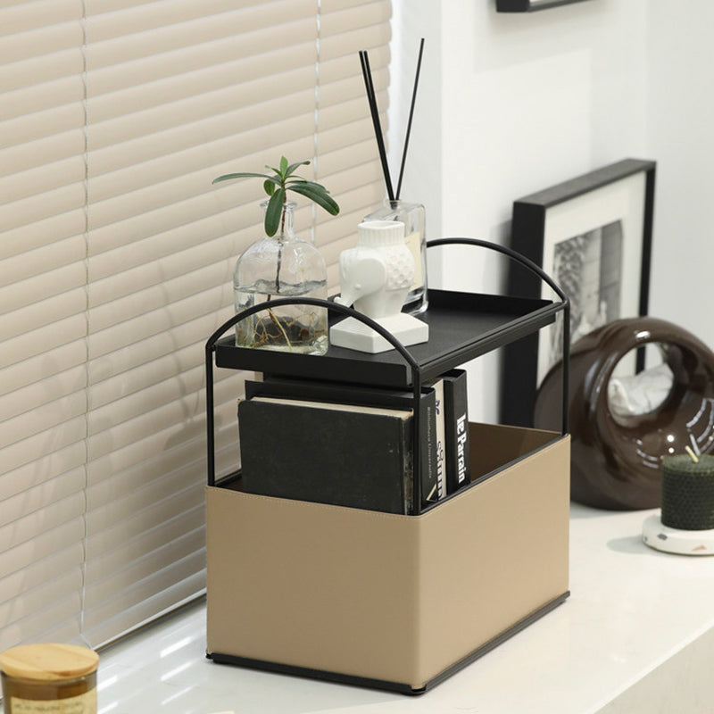 Contemporary Nordic PU Leather Iron Rectangular Desktop Storage Shelf 2-Tier Makeup Organizer Box Skincare For Living Room &amp; Bedroom