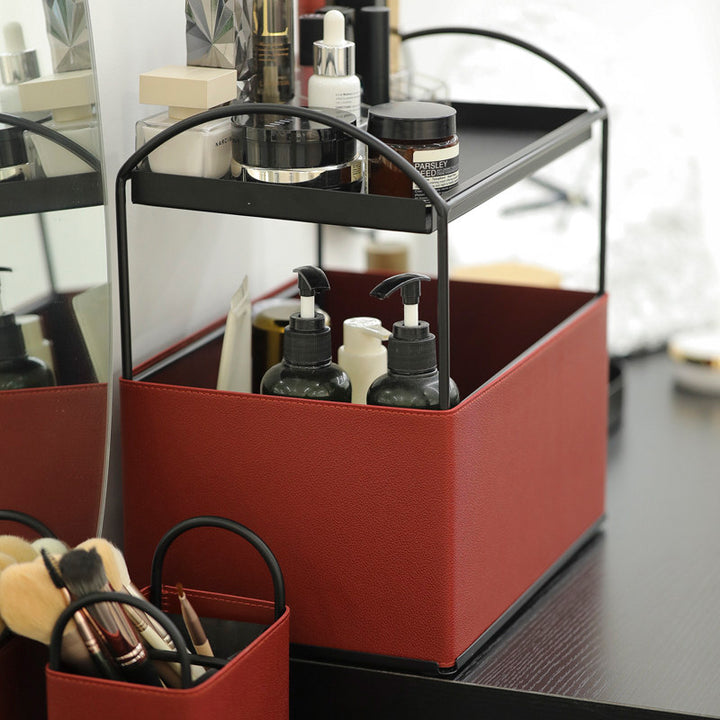 Contemporary Nordic PU Leather Iron Rectangular Desktop Storage Shelf 2-Tier Makeup Organizer Box Skincare For Living Room &amp; Bedroom
