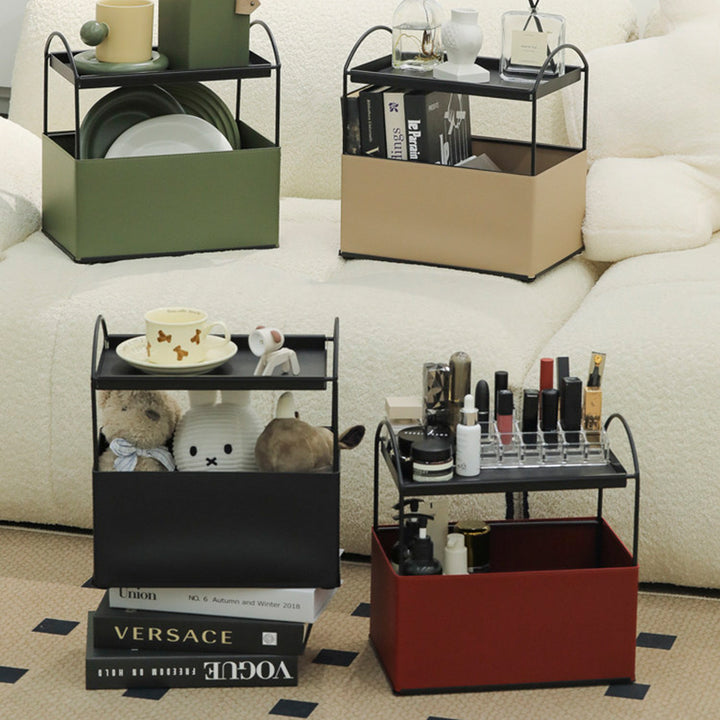 Contemporary Nordic PU Leather Iron Rectangular Desktop Storage Shelf 2-Tier Makeup Organizer Box Skincare For Living Room &amp; Bedroom