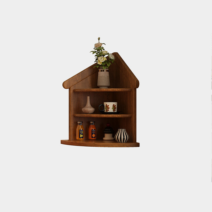 Estantería organizadora de esquina de 3 niveles con forma de casa y abanico, de madera de caucho, estilo retro contemporáneo, para sala de estar y recibidor 