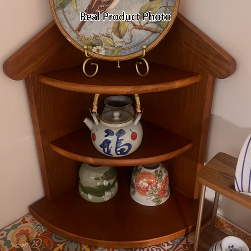 Estantería organizadora de esquina de 3 niveles con forma de casa y abanico, de madera de caucho, estilo retro contemporáneo, para sala de estar y recibidor 