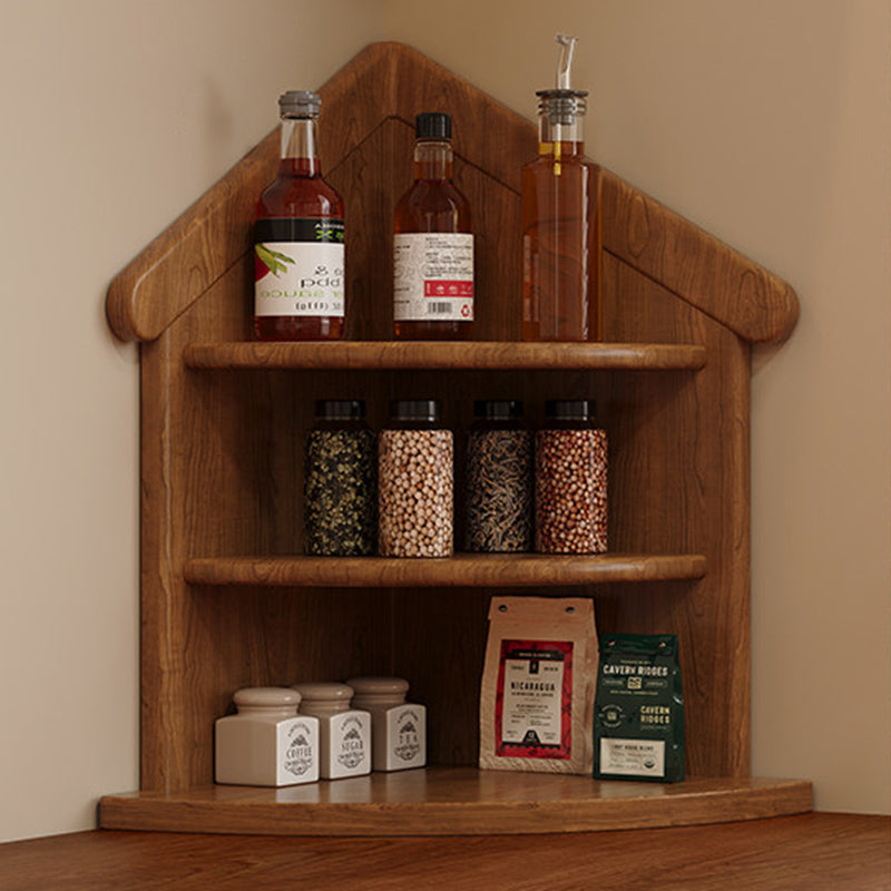 Estantería organizadora de esquina de 3 niveles con forma de casa y abanico, de madera de caucho, estilo retro contemporáneo, para sala de estar y recibidor 
