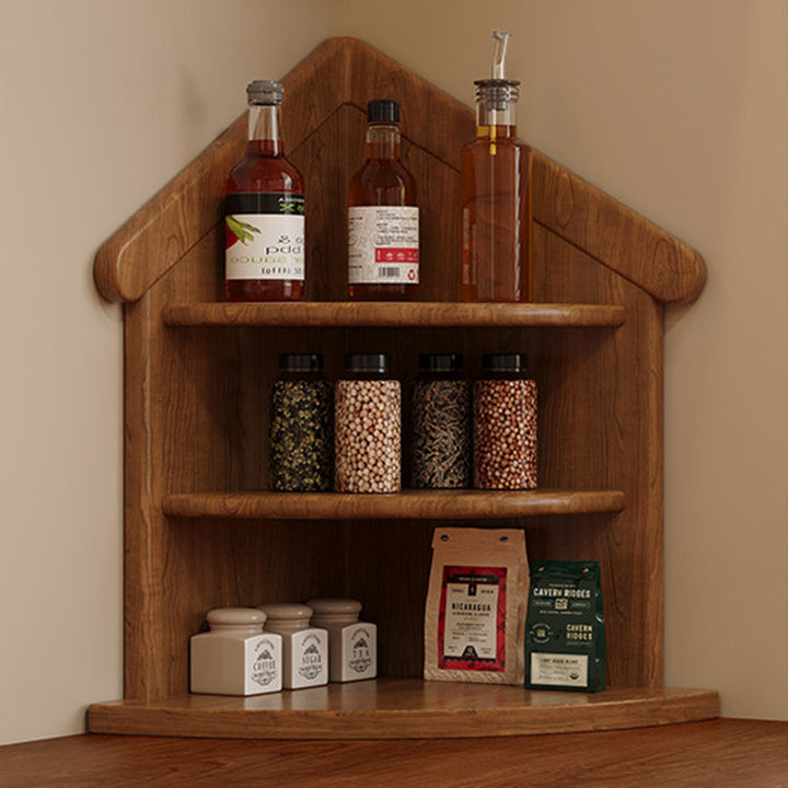 Estantería organizadora de esquina de 3 niveles con forma de casa y abanico, de madera de caucho, estilo retro contemporáneo, para sala de estar y recibidor 