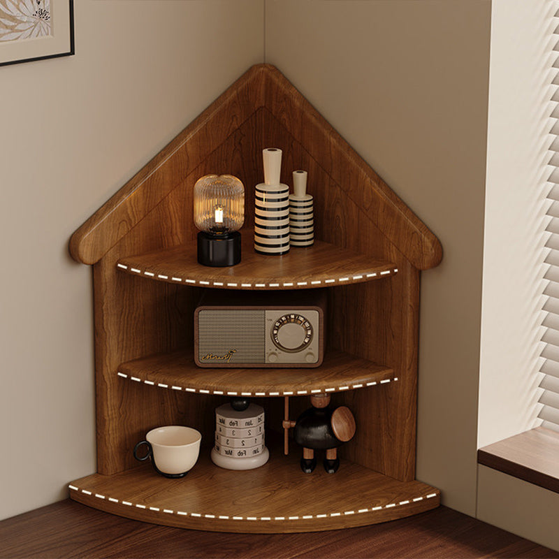 Estantería organizadora de esquina de 3 niveles con forma de casa y abanico, de madera de caucho, estilo retro contemporáneo, para sala de estar y recibidor 