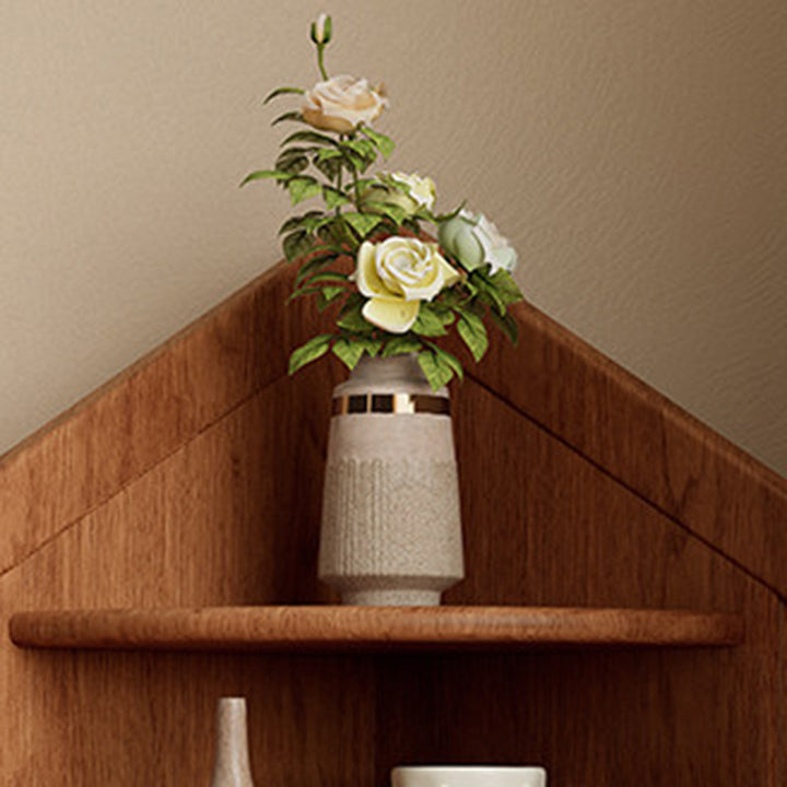 Estantería organizadora de esquina de 3 niveles con forma de casa y abanico, de madera de caucho, estilo retro contemporáneo, para sala de estar y recibidor 