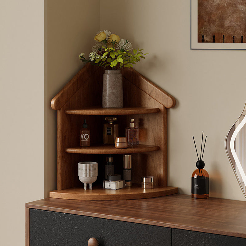 Estantería organizadora de esquina de 3 niveles con forma de casa y abanico, de madera de caucho, estilo retro contemporáneo, para sala de estar y recibidor 