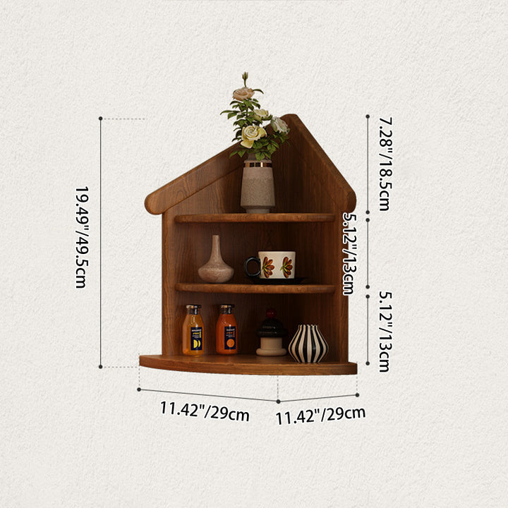 Estantería organizadora de esquina de 3 niveles con forma de casa y abanico, de madera de caucho, estilo retro contemporáneo, para sala de estar y recibidor 