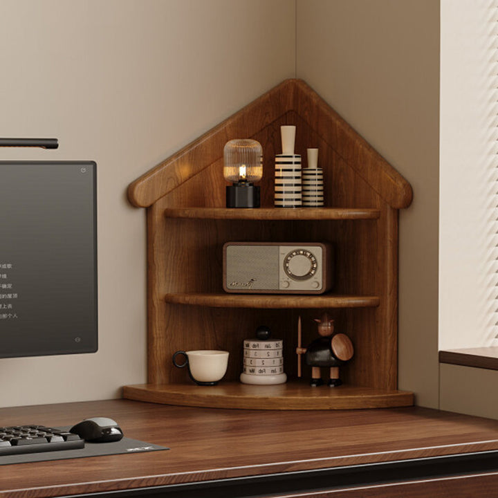 Estantería organizadora de esquina de 3 niveles con forma de casa y abanico, de madera de caucho, estilo retro contemporáneo, para sala de estar y recibidor 
