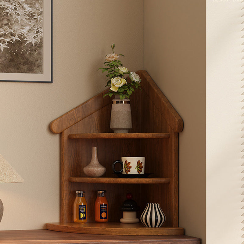 Estantería organizadora de esquina de 3 niveles con forma de casa y abanico, de madera de caucho, estilo retro contemporáneo, para sala de estar y recibidor 