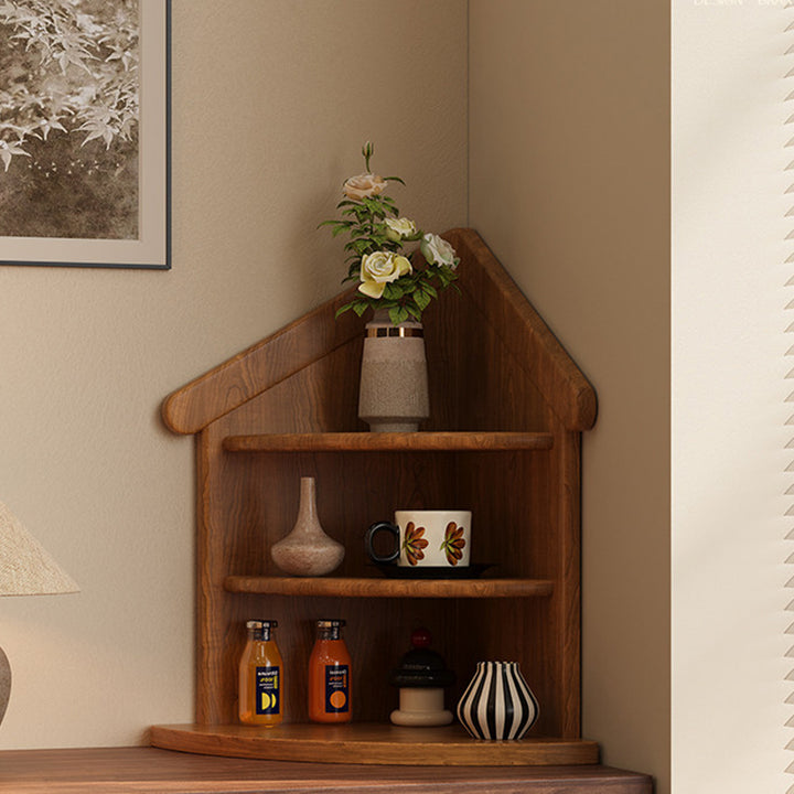 Estantería organizadora de esquina de 3 niveles con forma de casa y abanico, de madera de caucho, estilo retro contemporáneo, para sala de estar y recibidor 