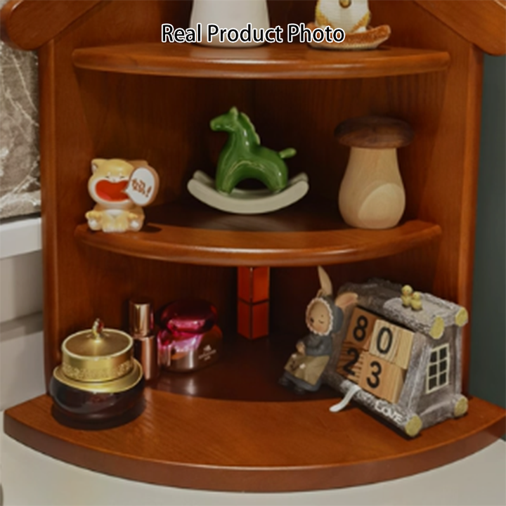 Estantería organizadora de esquina de 3 niveles con forma de casa y abanico, de madera de caucho, estilo retro contemporáneo, para sala de estar y recibidor 