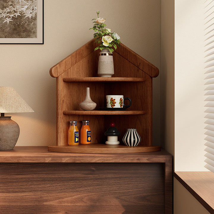 Estantería organizadora de esquina de 3 niveles con forma de casa y abanico, de madera de caucho, estilo retro contemporáneo, para sala de estar y recibidor 