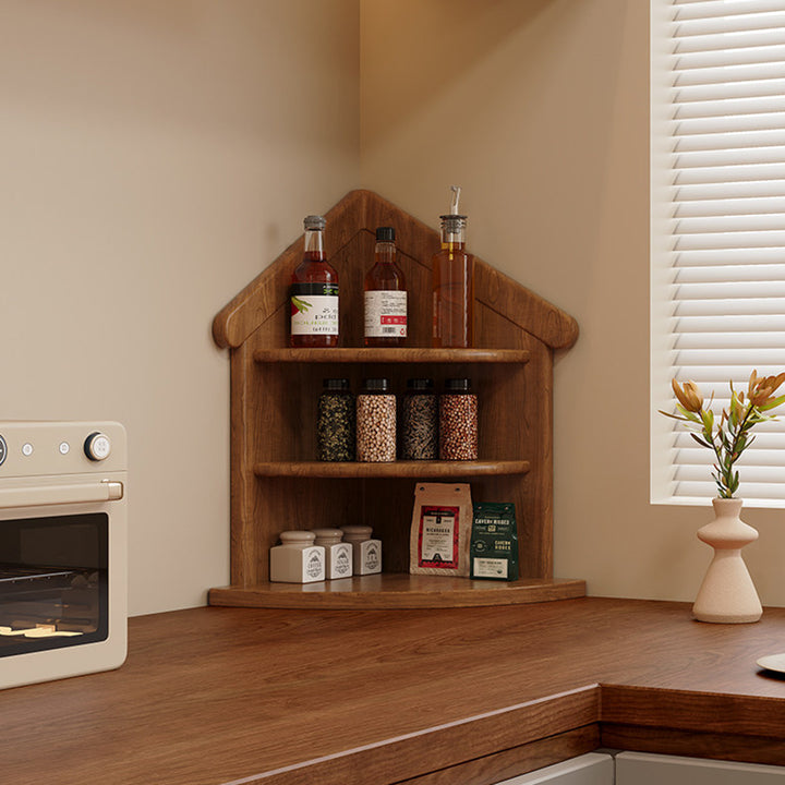 Estantería organizadora de esquina de 3 niveles con forma de casa y abanico, de madera de caucho, estilo retro contemporáneo, para sala de estar y recibidor 