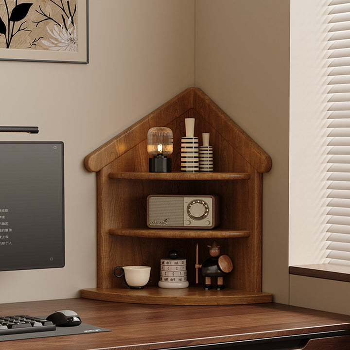 Estantería organizadora de esquina de 3 niveles con forma de casa y abanico, de madera de caucho, estilo retro contemporáneo, para sala de estar y recibidor 