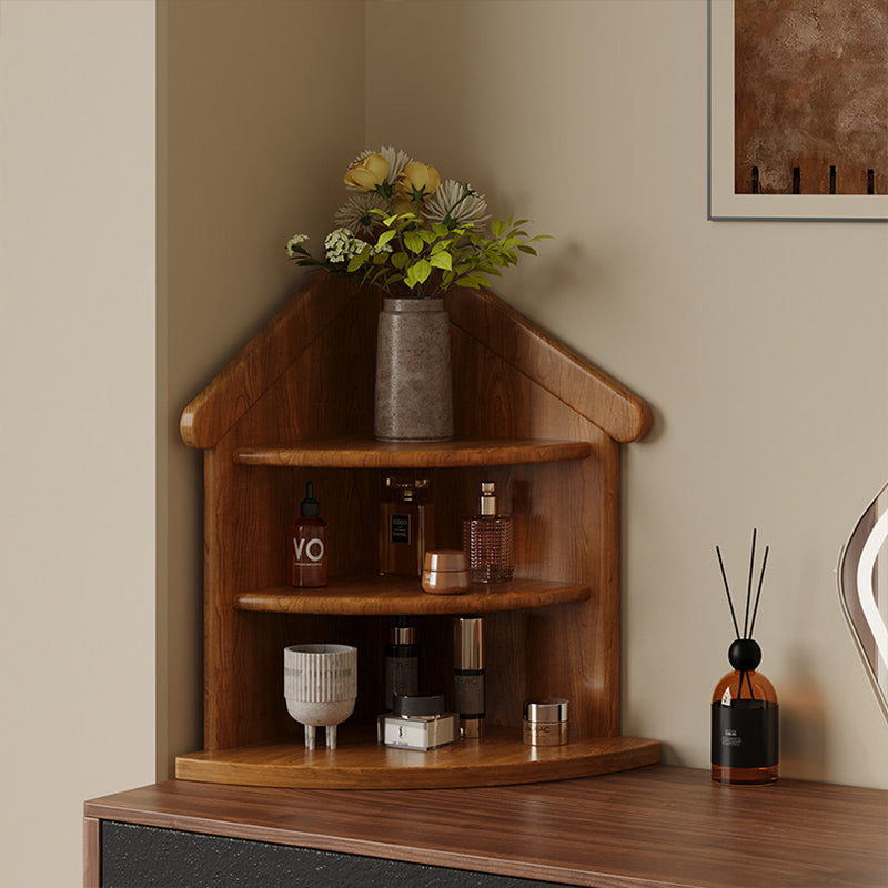 Estantería organizadora de esquina de 3 niveles con forma de casa y abanico, de madera de caucho, estilo retro contemporáneo, para sala de estar y recibidor 