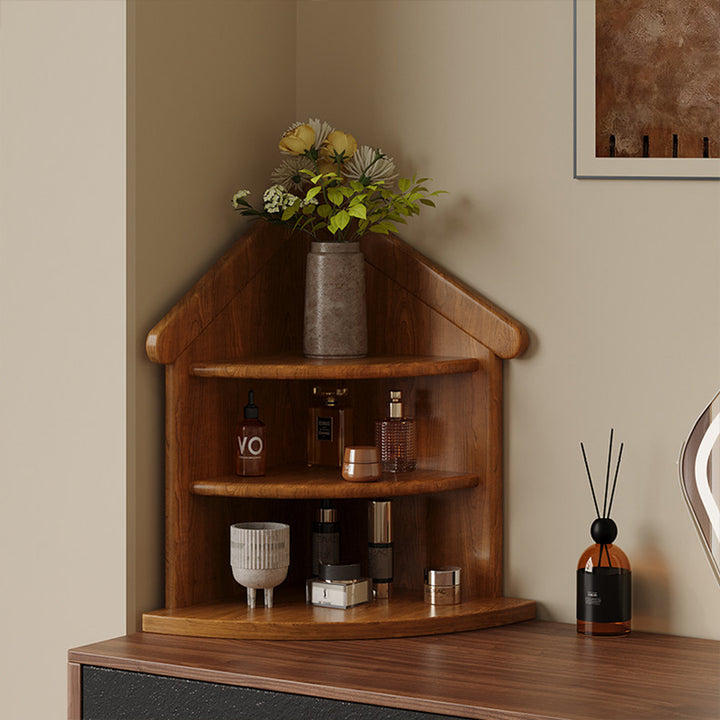 Estantería organizadora de esquina de 3 niveles con forma de casa y abanico, de madera de caucho, estilo retro contemporáneo, para sala de estar y recibidor 