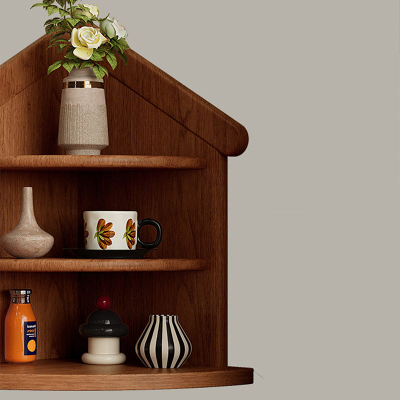 Estantería organizadora de esquina de 3 niveles con forma de casa y abanico, de madera de caucho, estilo retro contemporáneo, para sala de estar y recibidor 