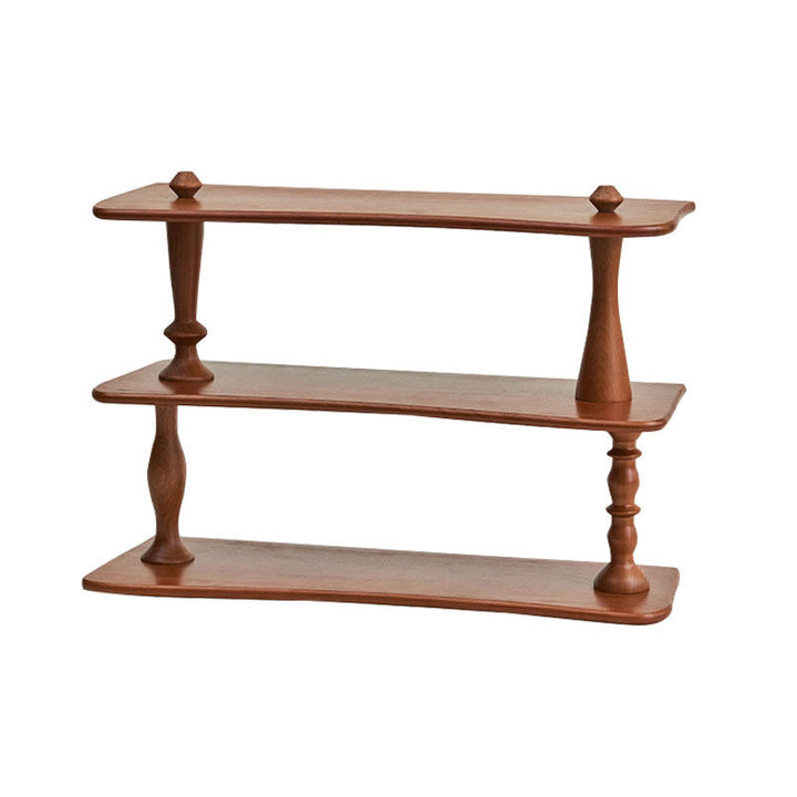 Contemporary Retro Cherry Wood Rectangular Wave-shaped Desktop Storage Shelf 3-Tier For Living Room &amp; Entryway