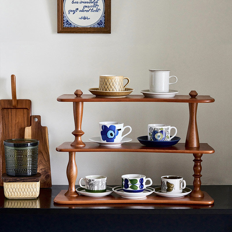 Contemporary Retro Cherry Wood Rectangular Wave-shaped Desktop Storage Shelf 3-Tier For Living Room &amp; Entryway