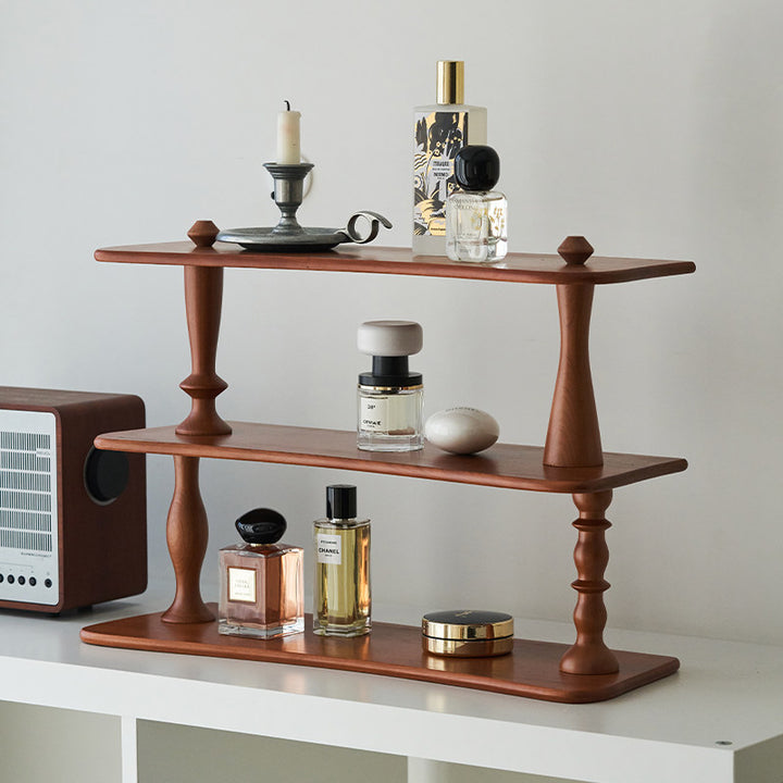 Contemporary Retro Cherry Wood Rectangular Wave-shaped Desktop Storage Shelf 3-Tier For Living Room &amp; Entryway
