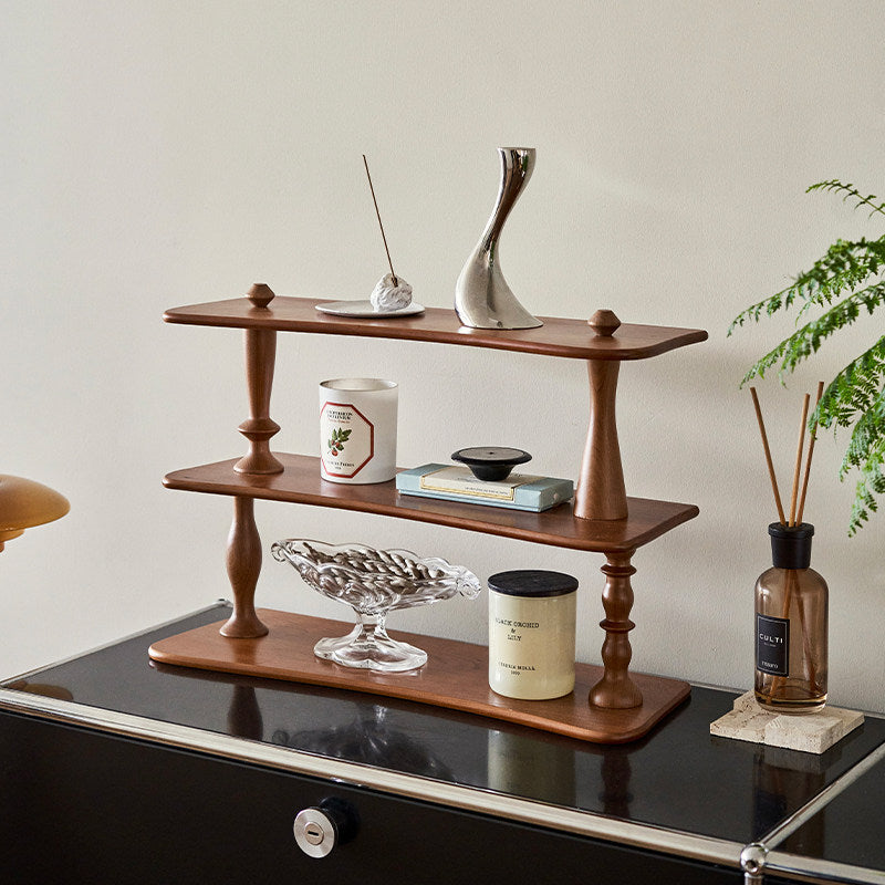 Contemporary Retro Cherry Wood Rectangular Wave-shaped Desktop Storage Shelf 3-Tier For Living Room &amp; Entryway
