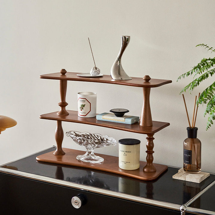 Contemporary Retro Cherry Wood Rectangular Wave-shaped Desktop Storage Shelf 3-Tier For Living Room &amp; Entryway
