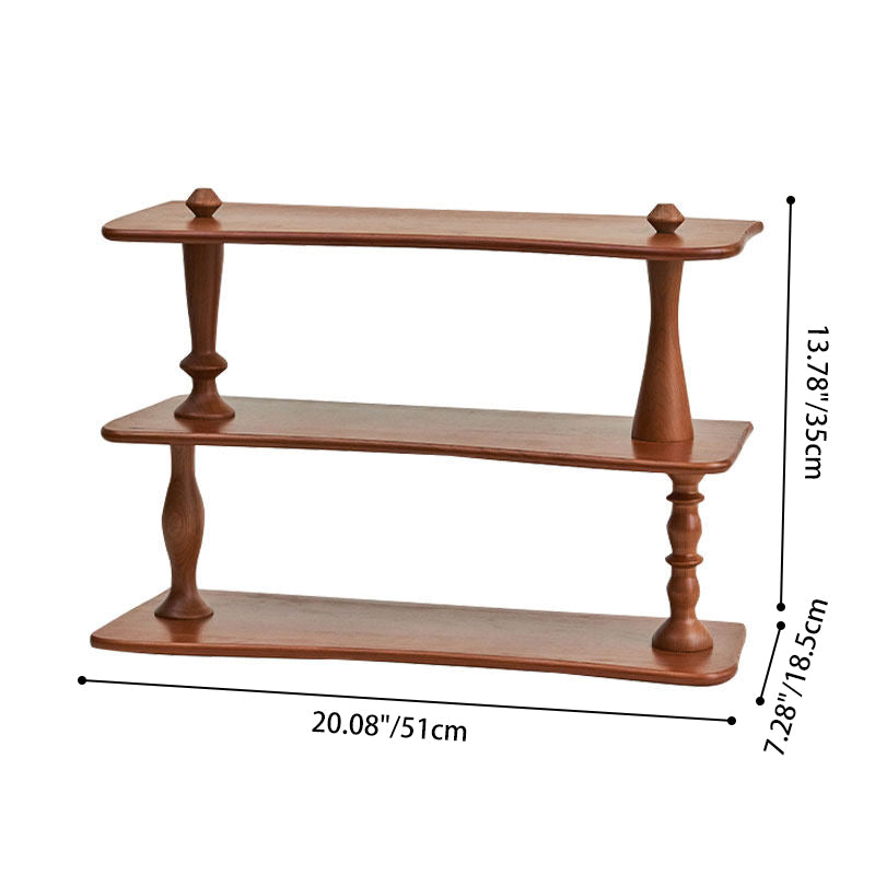 Contemporary Retro Cherry Wood Rectangular Wave-shaped Desktop Storage Shelf 3-Tier For Living Room &amp; Entryway