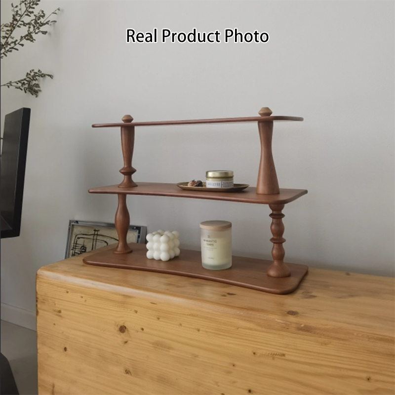Contemporary Retro Cherry Wood Rectangular Wave-shaped Desktop Storage Shelf 3-Tier For Living Room &amp; Entryway