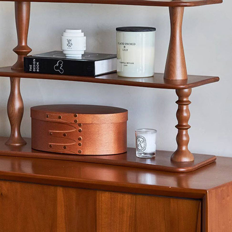 Contemporary Retro Cherry Wood Rectangular Wave-shaped Desktop Storage Shelf 3-Tier For Living Room &amp; Entryway