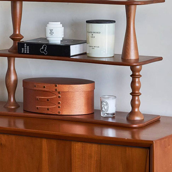 Contemporary Retro Cherry Wood Rectangular Wave-shaped Desktop Storage Shelf 3-Tier For Living Room &amp; Entryway