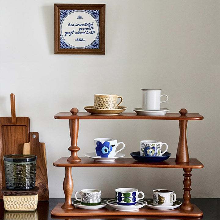 Contemporary Retro Cherry Wood Rectangular Wave-shaped Desktop Storage Shelf 3-Tier For Living Room &amp; Entryway