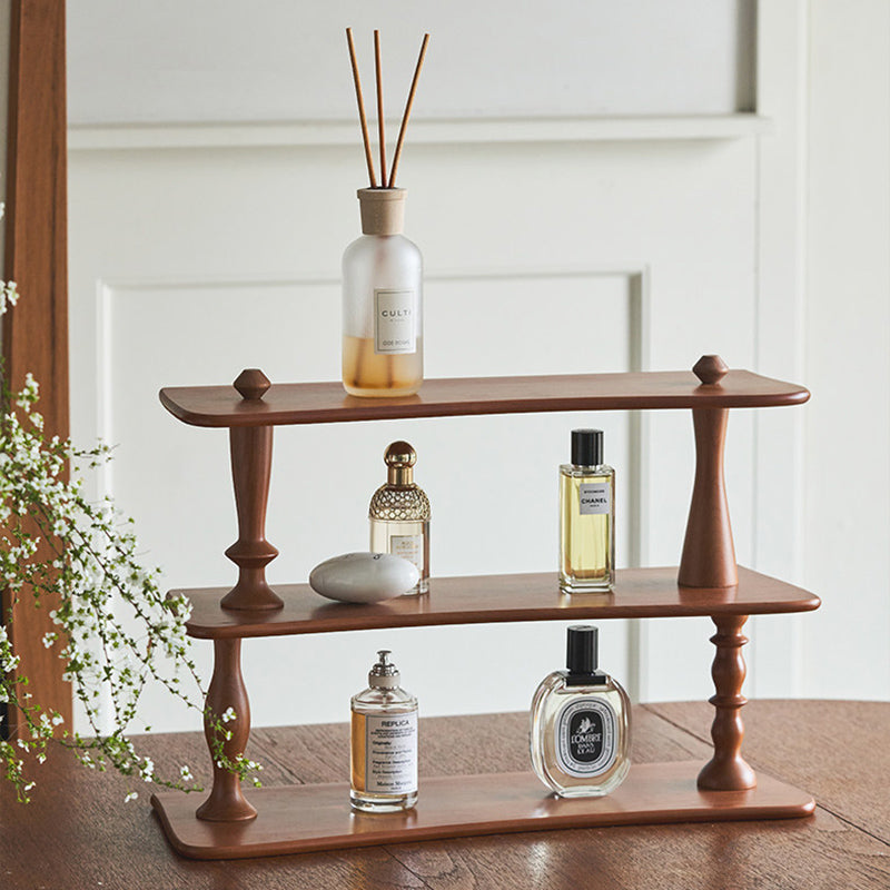 Contemporary Retro Cherry Wood Rectangular Wave-shaped Desktop Storage Shelf 3-Tier For Living Room &amp; Entryway