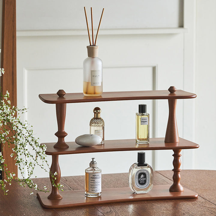 Contemporary Retro Cherry Wood Rectangular Wave-shaped Desktop Storage Shelf 3-Tier For Living Room &amp; Entryway