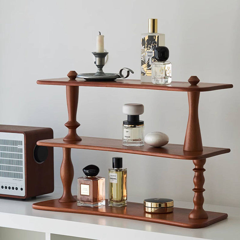 Contemporary Retro Cherry Wood Rectangular Wave-shaped Desktop Storage Shelf 3-Tier For Living Room &amp; Entryway