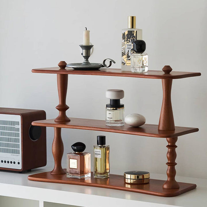 Contemporary Retro Cherry Wood Rectangular Wave-shaped Desktop Storage Shelf 3-Tier For Living Room &amp; Entryway