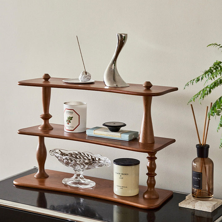 Contemporary Retro Cherry Wood Rectangular Wave-shaped Desktop Storage Shelf 3-Tier For Living Room &amp; Entryway