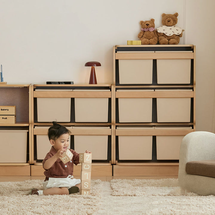 Kinder-Aufbewahrungsschrank mit 2 großen Schubladen, 4 kleinen Schubladen und offenen Ablagefächern mit großem Stauraum - Minimalistische, leichtgängige Schubladen mit Doppelschienen und umweltfreundlicher Holzoptik für das Wohnzimmer 