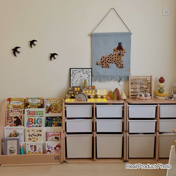 Kinder-Aufbewahrungsschrank mit 2 großen Schubladen, 4 kleinen Schubladen und offenen Ablagefächern mit großem Stauraum - Minimalistische, leichtgängige Schubladen mit Doppelschienen und umweltfreundlicher Holzoptik für das Wohnzimmer 